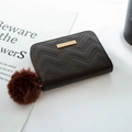 Short wave-patterned coffee brown wallet for women with decorative pom-pom pendant - Coffee