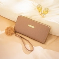 Elegant quilted long clutch wallet in dusty pink with gold hardware and plush pompom charm - Khaki