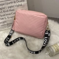 Pink quilted crossbody bag with golden hardware and LOVE embroidered shoulder strap - Pink