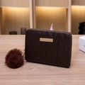 Coffee brown quilted small wallet with V-stitch pattern and faux fur pompom charm - Coffee