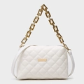 Fashionable white quilted faux leather shoulder bag with gold chain and square metal hardware - White