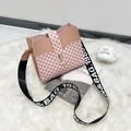 Pink bucket shoulder bag with geometric print and branded wide strap on white plush - Pink