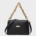 Classic black quilted shoulder bag featuring gold chain handle and rectangular plaque - Black
