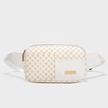 White leather waist bag with gold floral pattern and adjustable fabric strap - White