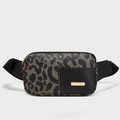 Women's leopard print running waist bag with gold hardware and black adjustable strap - Black