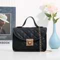Elegant black quilted handbag with golden square lock and chain strap for women - Black