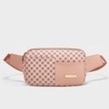 Pink sports fanny pack with brown clover pattern and gold metal plaque detail - Pink
