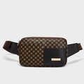 Brown monogram running waist bag with gold clover pattern and black front pocket - Coffee