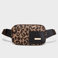 Adjustable leopard print waist bag with black faux leather contrast and metal buckle - Brown
