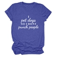 Detail of soft purple cotton t-shirt fabric with white 'I pet dogs' humor slogan print - S / Retro Blue (White Font)