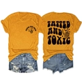Detail of Mustard yellow tatted and toxic print on T-shirt and ripped denim shorts - S / Mustard Yellow (Black Graphic)
