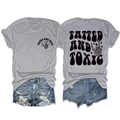 Detail of grey t-shirt with Tatted and Toxic rock print and ripped denim shorts - Light Grey (Black Graphic)