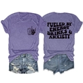 T-shirt violet avec imprimé 'Fueled by Energy Drinks' et short en jean déchiré - Violet (Police Noire)