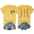 Front and back view of yellow baseball mama t-shirt with heart and stitch printing details - Yellow