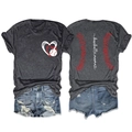 Detailed views of baseball mama t-shirt showing front heart graphic and back stitching - Black Heather Grey