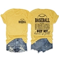 Front and back detail of baseball mom graphic tee in mustard yellow with denim shorts - Yellow (Black Text)