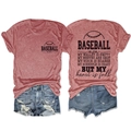Detail of red Baseball Mom T-shirt and ripped denim shorts showing fabric and printing - Rose Gold (Black Font)