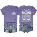 Detail view of purple Baseball Mom graphic tee paired with distressed denim shorts - Purple (White Font)