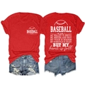 Front and back detail of red Baseball Mom T-shirt showing themed slogans and cotton fabric - Red (White Font)