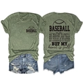 Detail of heather green baseball mom t-shirt with print and blue denim shorts - Olive Green (Black Font)