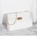 Elegant white quilted crossbody bag featuring a golden metal lock and chain strap - White