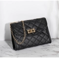 Quilted black PU leather crossbody bag with elegant gold chain and turn-lock closure - Black