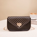Brown monogram envelope crossbody bag with gold chain strap and square metal lock - Coffee