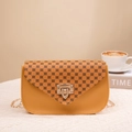 Mustard yellow crossbody bag with clover pattern and golden square lock clasp - Brown