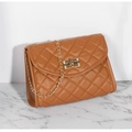 Brown quilted crossbody bag with diamond patterns and golden chain strap for women - Brown