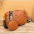 Brown V-quilted crossbody bag with mini pouch and wide designer fabric strap - Shoulder Bag Set / Brown