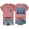 Detail of V-neck brick red T-shirt with Spoiled Wife print and ripped denim shorts - Rose Gold