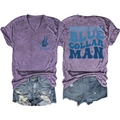 Front and back view of a purple V-neck T-shirt with Spoiled Wife print and denim shorts - Purple