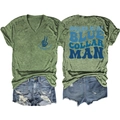 Detail of V-neck T-shirt and denim shorts with Spoiled Wife slogan print on white background - Olive Green