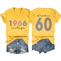 Vista detallada delantera y trasera de la camiseta amarilla 1966 vintage con cuello en V - S / Amarillo