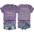 Detail view of the vintage 1966 printed purple V-neck T-shirt with chapter 60 back design - Purple - White Print