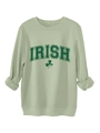 Detailed close-up of light green Irish sweatshirt with shamrock and text print - Olive Green