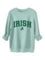 Close-up of ribbed cuffs and Irish shamrock print on thick mint green sweatshirt - Light Green