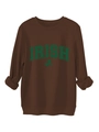 Detail view of the green Irish clover print on a brown thick warm fleece sweatshirt - Coffee