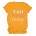 Détail de l'imprimé Dolly sur le t-shirt en coton jaune moutarde à col rond pour femme - S / Jaune Moutarde