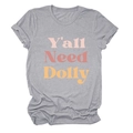 Détail de l'imprimé vintage coloré Y'all Need Dolly sur un t-shirt en coton gris - S / Gris clair