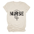 Detail of NURSE Life leopard print graphic on beige cotton blend short sleeve t-shirt - S / Sand