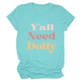 Détail d'un t-shirt turquoise en coton avec imprimé graphique coloré Y'all Need Dolly - Bleu Eau Profonde