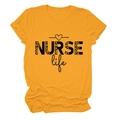 Close-up of NURSE Life leopard print lettering on yellow short sleeve cotton t-shirt - S / Mustard Yellow