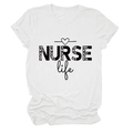 Detailed view of white cotton T-shirt featuring leopard print NURSE Life lettering - S / White