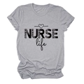 Detail of NURSE Life leopard print graphic on casual grey cotton blend crewneck t-shirt - S / Light Gray