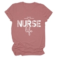 Detail of NURSE Life leopard print lettering on a mauve pink crew neck cotton t-shirt - S / Bean Paste Red
