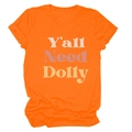 Détail du t-shirt orange vif à col rond avec impression colorée Y'all Need Dolly - Orange