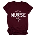 Detailed close-up of burgundy cotton t-shirt with leopard print NURSE life graphics - S / Burgundy
