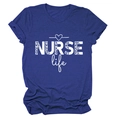 Detailed view of NURSE Life leopard print lettering on a royal blue crew neck T-shirt - S / Vintage Blue