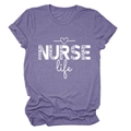 Detail of NURSE Life purple T-shirt showing leopard print text and soft fabric texture - S / Purple